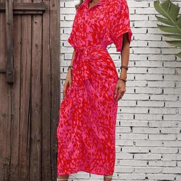 Multicolor Boho Womens Allover Print Batwing Sleeve Belted Shirt Dress - Picture 4 of 5